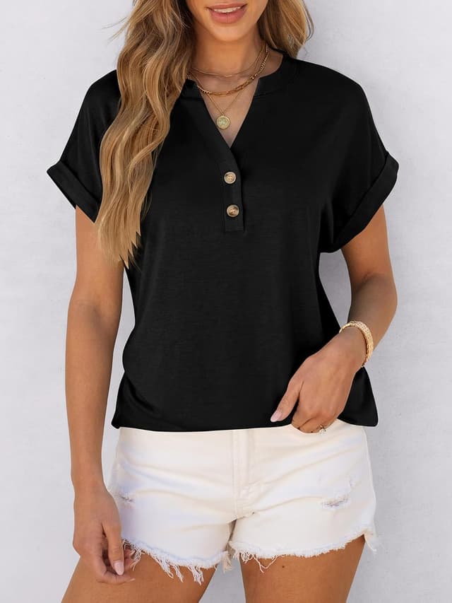 Detalle de Cuptacc Damen Oversize T-Shirt mit V-Ausschnitt und Knopfleiste, kurzarm