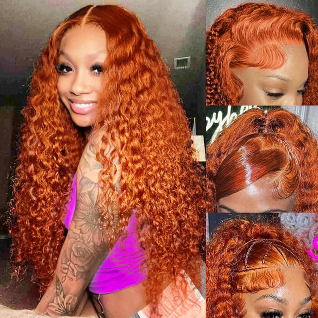 Detalle de SOEZ 26 Inch Ginger Orange Lace Front Deep Wave Human Hair Wig (13x4 HD Transparent Lace, 180% Density)