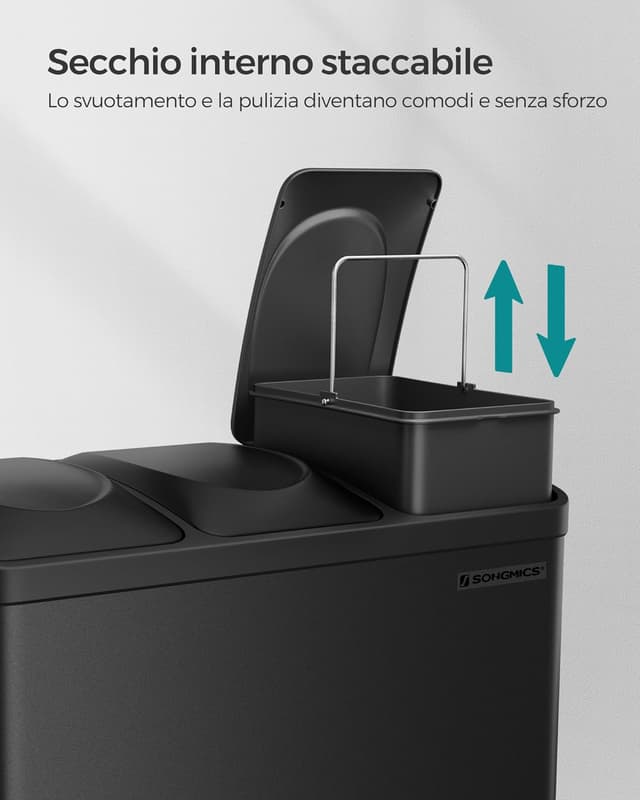 Detalle de SONGMICS LTB45B Cestino da cucina triplo a pedale in metallo 45 L (3 x 15 L) con coperchio