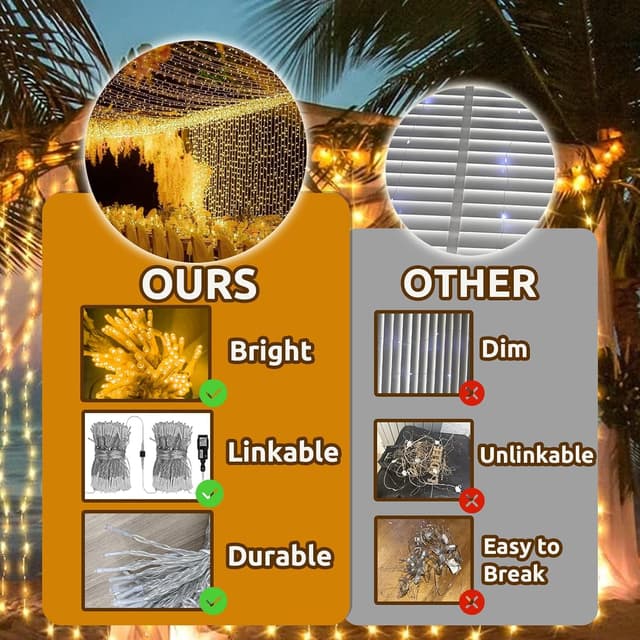 Detalle 2 de Dekofun 2 pezzi tenda luminosa 6x3 m con 600 LED bianco caldo, timer e 8 modalità, IP65