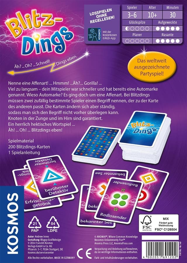 Detalle 2 de KOSMOS 691202 Blitzdings Kartenspiel für 3-6 Spieler 🎲