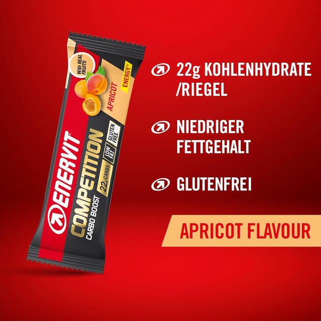 Detalle de Enervit Competition Bar Aprikose – Energieriegel mit Aprikosenstücken, 12 Riegel (22 g Kohlenhydrate) für intensive Einheiten