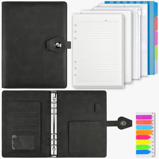 Detalle de PU Leather A5 Ring Binder Notebook with 6 Rings, 200-Sheet Refill Pack & Dividers (Black)