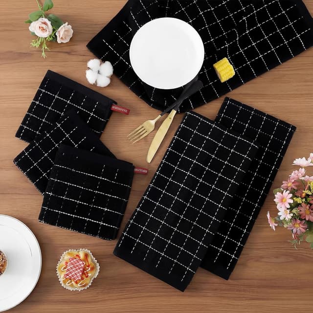 Detalle 2 de Homaxy Kitchen Towels and Dishcloths Set (8-Piece) — 100% Cotton Terry Towels, Checkered Design, Black