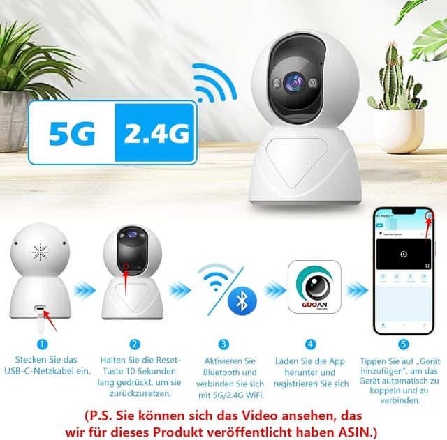 Detalle de Guoanvision S800 5G WLAN Überwachungskamera Innen (3 MP, 360° drehbar, Auto-Tracking, Zwei-Wege-Audio, SD/Cloud)