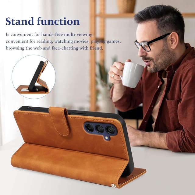 Detalle de GOTOURED Handyhülle für Samsung Galaxy A16 mit RFID-Blockierung, Kartenfächern, Handgelenksgurt, Ständer & Magnetverschluss (Braun)