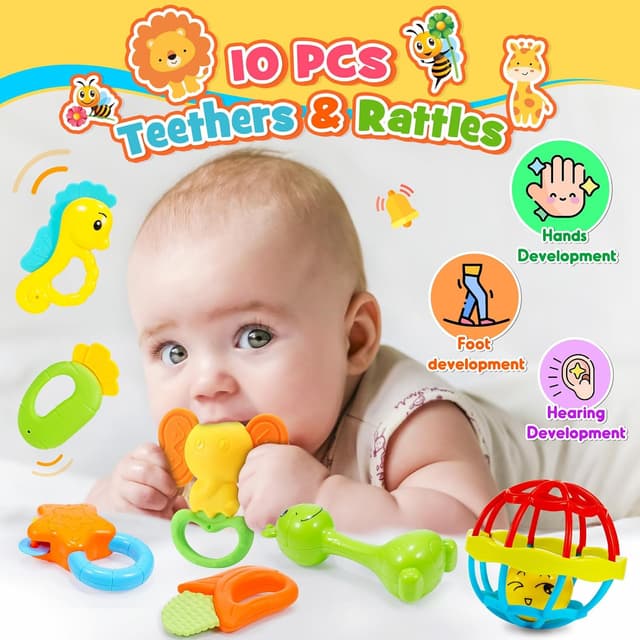 Detalle de 14-teiliges Rasseln & Beißring Set mit Aufbewahrungsbox – Babyspielzeug ab 0–12 Monate