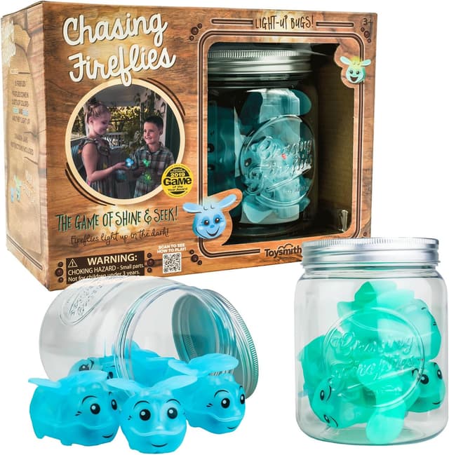 Detalle de Toysmith Chasing Fireflies Kids Game (Shine & Seek) with Glowing Jars, Indoor/Outdoor Night Play — Ages 3+