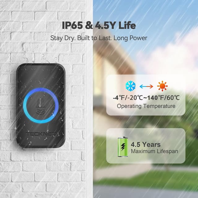 Detalle de TECKNET Wireless Doorbell with 2 Receivers (1300ft) – IP65 Waterproof Plug-in Doorbell, 120dB Loud, RGB Light