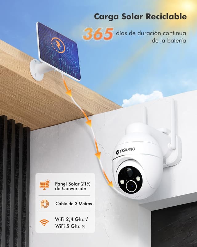Detalle 2 de YESKANO Cámara Exterior Solar WiFi 2K con PTZ y Visión Nocturna