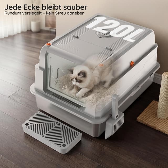 Detalle 2 de Devoko XXXL Katzenklo aus Edelstahl mit Deckel (geschlossen, 3-in-1) für große Katzen bis 20 kg