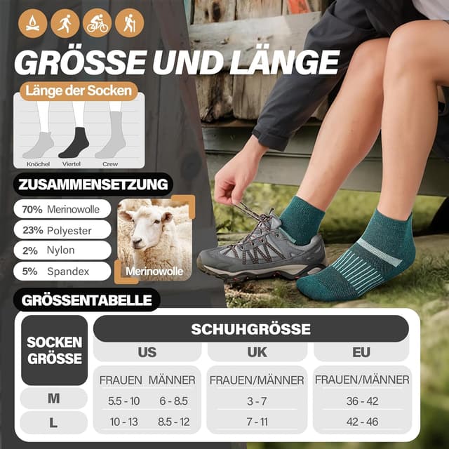 Detalle de MOSEY KOSY Merino Kurz Viertellänge Wandersocken – 6 Paar Thermo-Sneaker-Socken für Herren & Damen