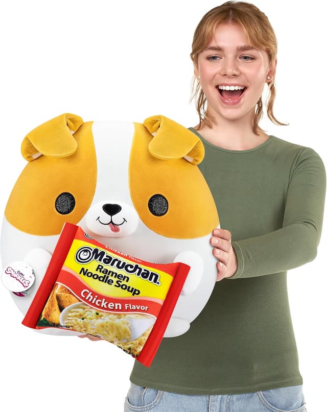 Detalle 2 de Snackles Serie 1 Corgi peluche a sorpresa da 28 cm, ultra morbido con aperitivo collezionabile