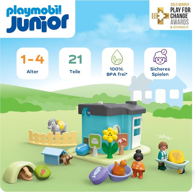 Detalle de PLAYMOBIL JUNIOR Tierpension mit Futterspender 71690 – Tierpflege zum Spielen ab 1 Jahr