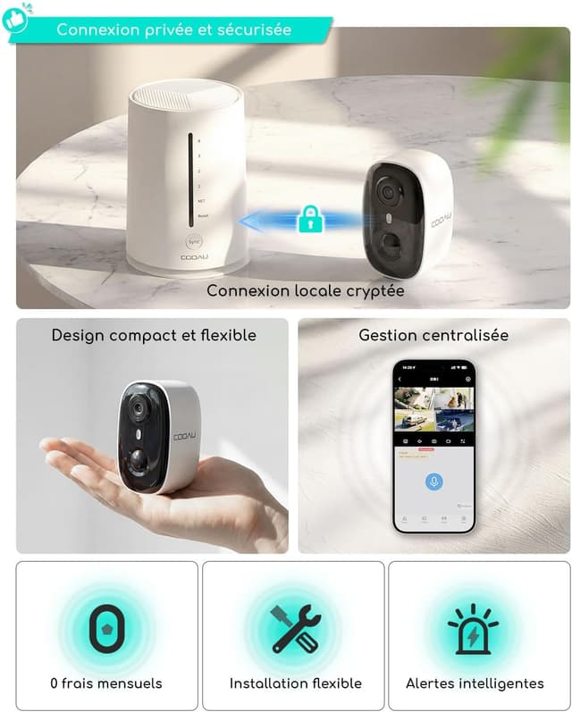 Detalle de COOAU kit de surveillance WiFi extérieur 2 caméras 4MP avec station de base et stockage local 64 Go, sans abonnement