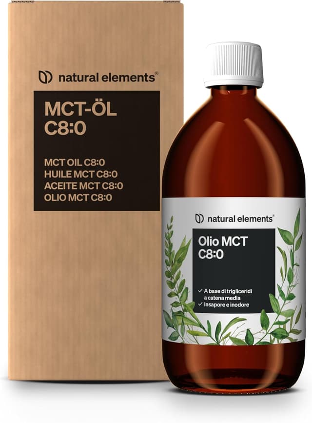Detalle de Natural Elements Olio MCT 500 ml con acido caprilico C8 (da olio di cocco), insapore e inodore, vegano