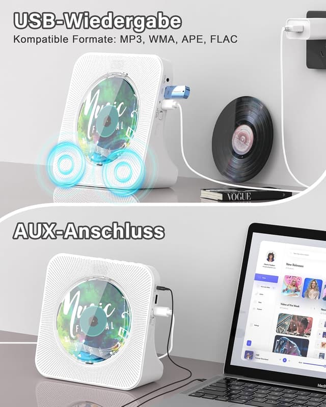 Detalle de Greadio tragbarer CD-Player mit Bluetooth 5.0, Fernbedienung und FM-Radio (AUX/USB, Kopfhörerbuchse)