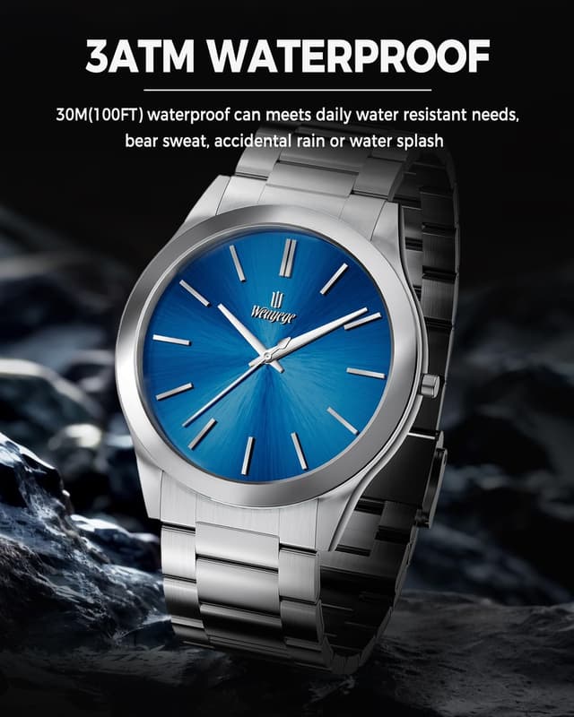 Detalle de Weayege Herren Analog-Uhr mit Quarzwerk und Edelstahl-Meshband (44 mm)