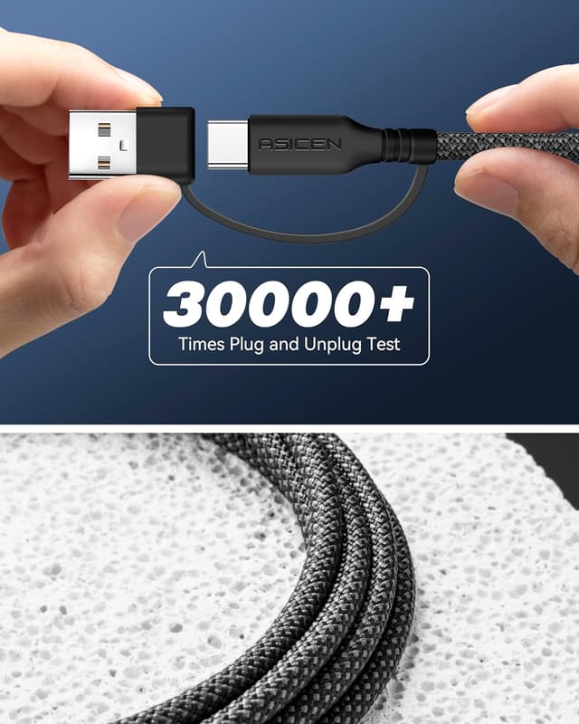 Detalle 2 de ASICEN 100W PD 2-in-2 Multi Charging Cable (6ft) — Braided USB-C to 90° Lightning with USB-A/C to C options
