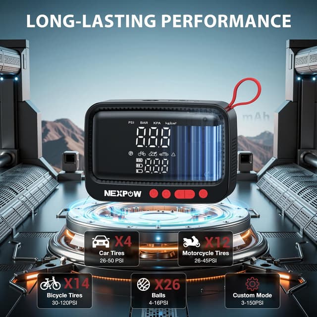 Detalle de NEXPOW Portable Tire Inflator with Rechargeable Battery, 12V DC Power Adapter, 150PSI Auto Shut-Off