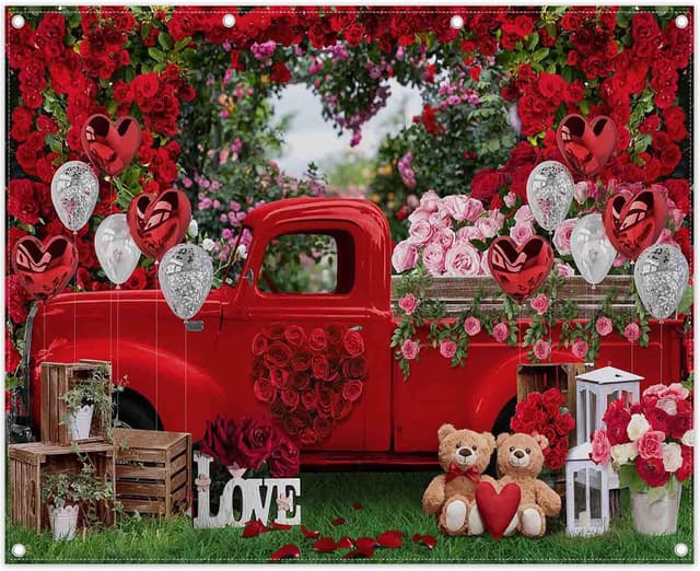 Detalle de Luminora 7x5ft Valentine’s Day Truck Backdrop (Pink, Rose Forest Garden) for Photo Booth & Wedding Parties