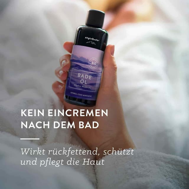 Detalle 2 de AllgäuQuelle® BIO-Badeöl „Allgäuer Nachtruhe“ mit Bio-Ölen (Lavendel, Zeder, Mandarine) – 100 ml