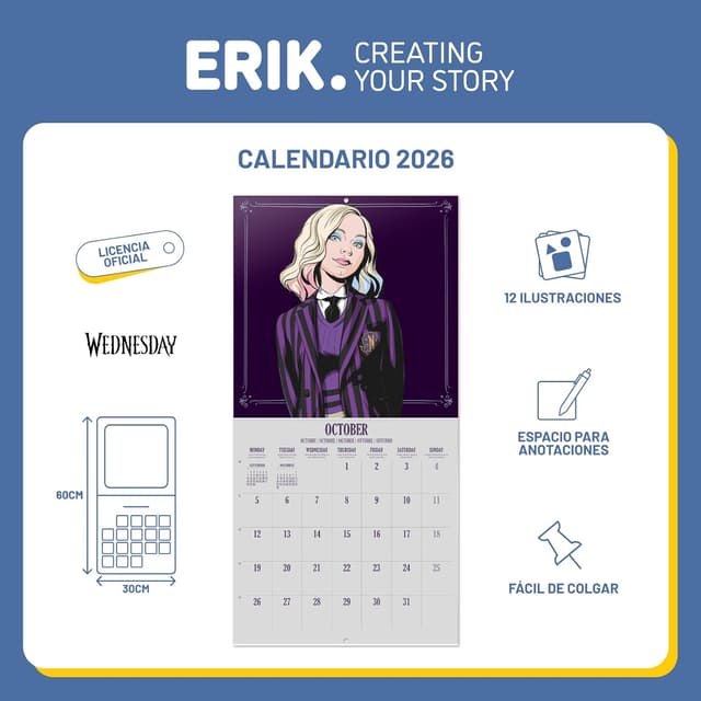 Detalle de Grupo Erik Calendario pared Miércoles Addams 30x30 cm
