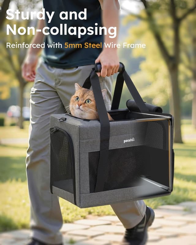 Detalle de pecute Katzentasche / Hundetransporttasche Stabiler Rahmen, belüftetes Mesh-Fenster, bis 5–7 kg, Hellgrau (XL)