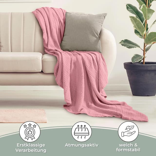 Detalle de LAYNENBURG Premium Musselin Tagesdecke 150x200 cm (100% Baumwolle) – extraweiche Sommerdecke in Altrosa