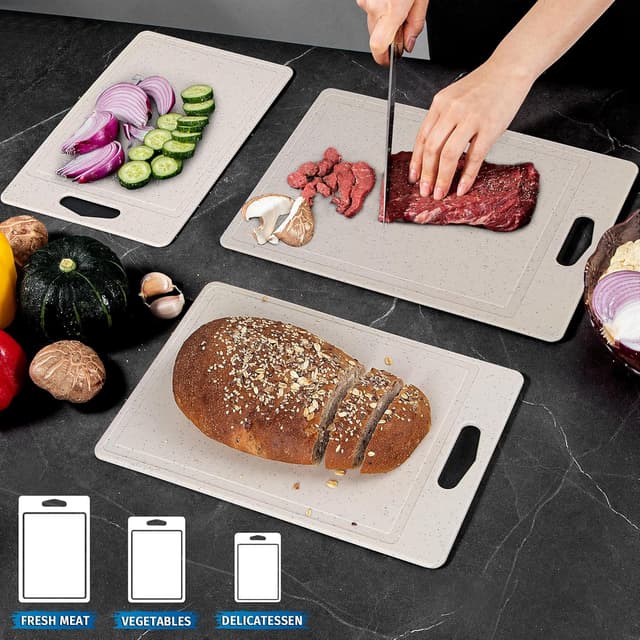 Detalle 2 de DIFULI Schneidebrett Set 3-teilig Granitoptik (PP, BPA-frei) mit Saftkanal, Griff und rutschfesten Silikonaufklebern