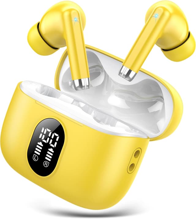 Detalle de QXQ Bluetooth Kopfhörer (Sport In-Ear) mit 4 ENC Mikrofonen, 40 Std Laufzeit und LED-Anzeige – Gelb