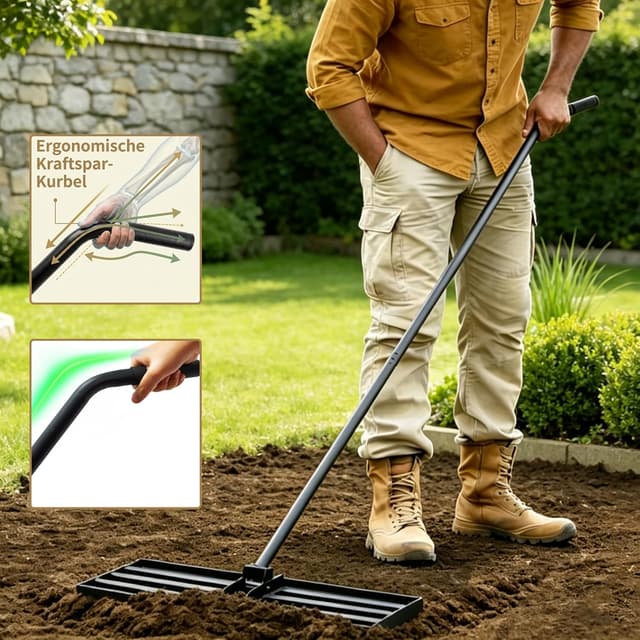 Detalle 2 de LYFETC Rasen Rakel 75x25 cm – schwerer Rasen-Nivellierrechen mit ergonomischem gebogenem Griff