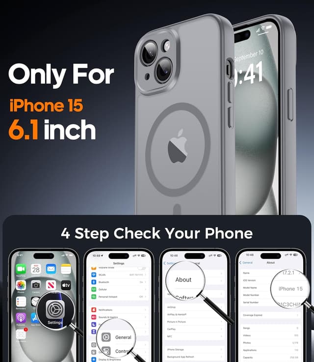 Detalle 2 de FLLAO iPhone 15 case with MagSafe + magnetic fit and 2 tempered glass screen protectors (grey)