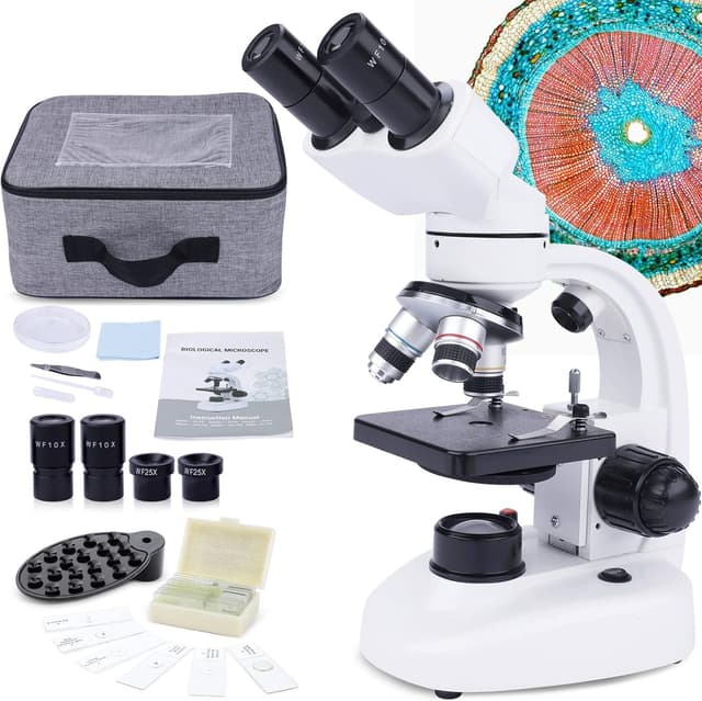 Detalle de MAXLAPTER microscopio binoculare composto 40X–1000X per adulti e bambini, doppio LED e kit scuola