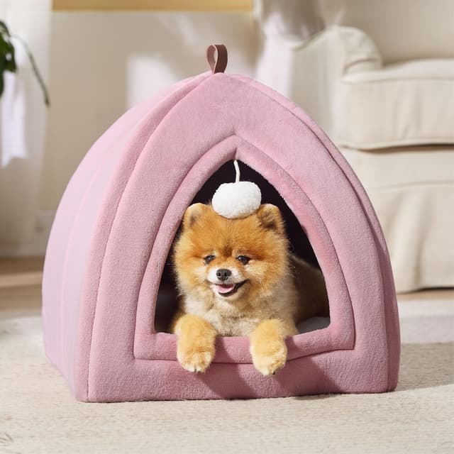 Detalle 2 de Bedsure Cat Cave Bed Indoor (Large) Flannel Hooded Igloo House with Removable Cushion & Toy Ball – Pink, 44x44x44cm