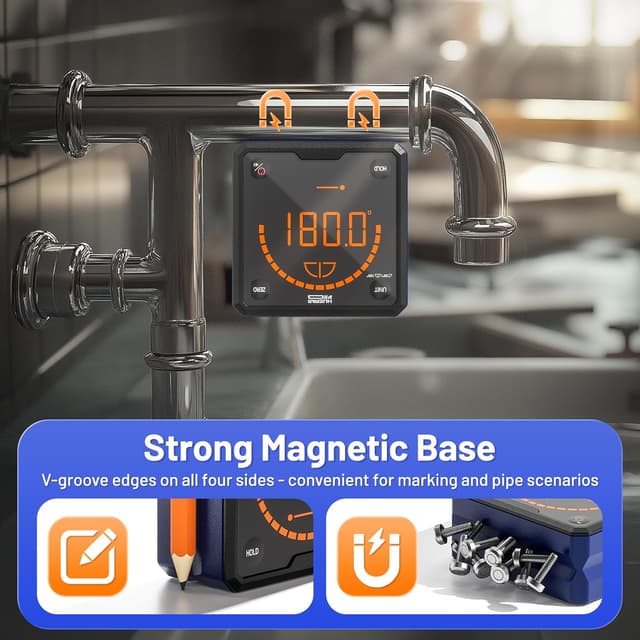 Detalle de Huepar Pro livella digitale con scanalatura a V, base magnetica e righello angolare LCD retroilluminato