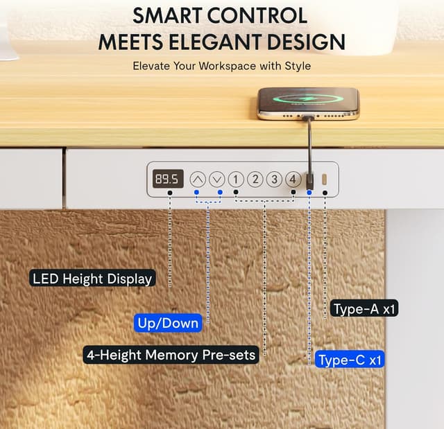 Detalle 1 de FLEXISPOT Q3 Electric Standing Desk (Maple, 140 × 70 cm) with Drawer & USB charging