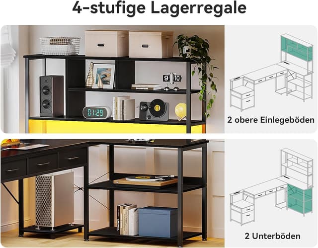 Detalle 2 de Coleshome Eckschreibtisch mit 5 Schubladen, 4 Regalen, LED & Steckdosen/USB (L-Form, 200×110 cm) – Schwarz