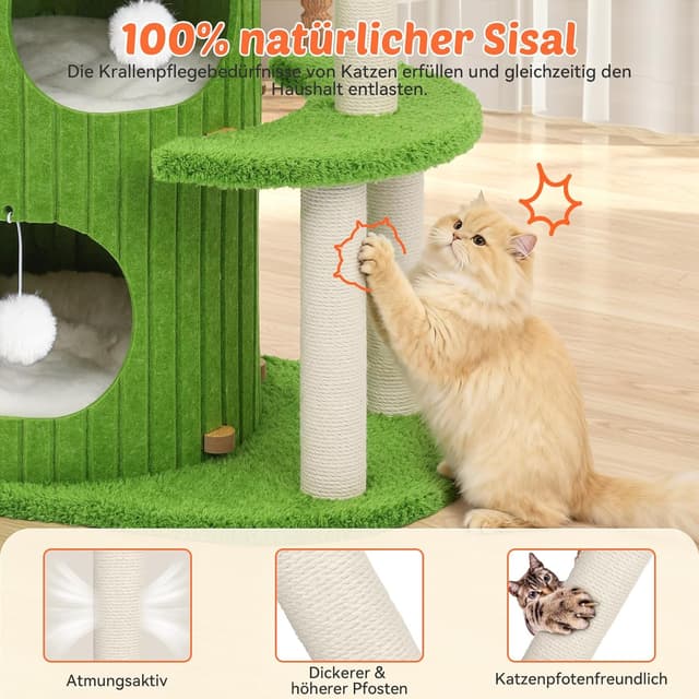 Detalle de BSWAY Luxus Kratztonne für Katzen – XXL-Kletterbaum mit Schlafhaus, Sisalbrett und abnehmbarem Bett