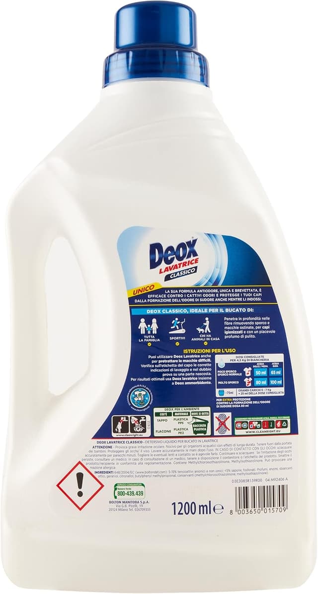 Detalle de Deox Classico Detersivo Lavatrice Liquido Antiodore, 144 lavaggi (1200 ml x 6 confezioni)
