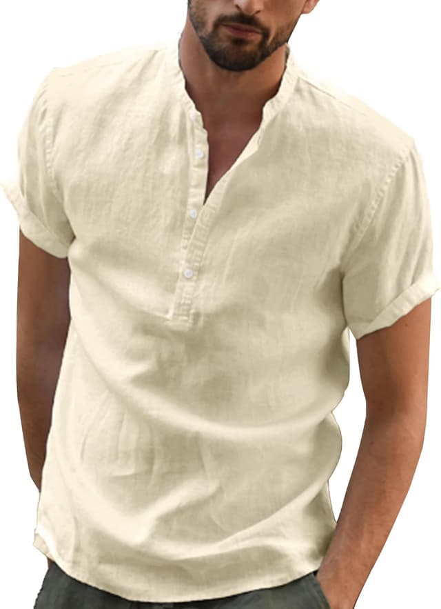 Thumbnail 6 de YAOBAOLE Chemise en lin homme à manches courtes col Mao (style Henley) pour l’été