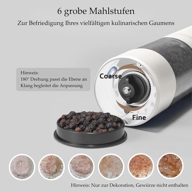 Detalle 2 de TLYSXPRO elektrische Salz- und Pfeffermühle im 2er-Set (USB wiederaufladbar, einstellbare Grobheit) – weiß