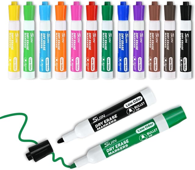 Detalle de SUIN 12 leuchtende Whiteboard-Stifte – 12 Farben, trocken abwischbar, mittlere Rundspitze