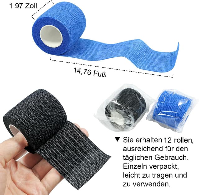 Detalle 2 de Selbstklebender Verband, 12 Rollen (5 cm x 4,5 m) elastische Fixierbinde mit Haftbandage – weiß, für Sport & Erste Hilfe
