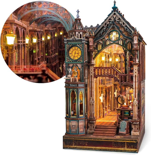 Detalle de FUNPOLA Magic Library Book Nook Kit mit LED 3D und Infinity-Spiegel – DIY Holzpuzzle für Mini-Bibliothek