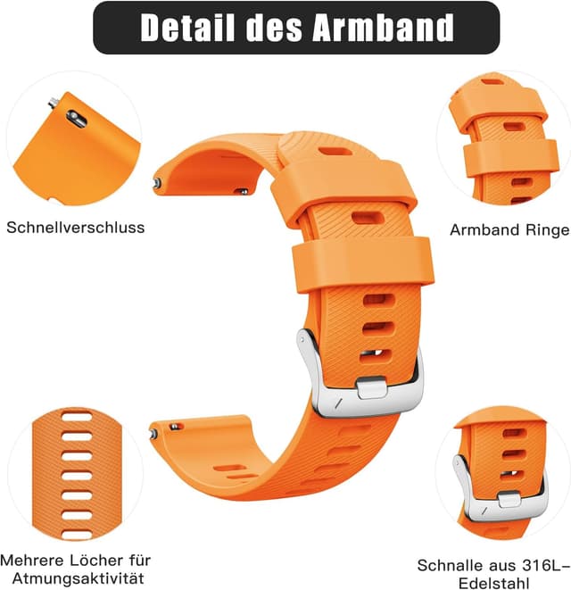 Detalle 2 de ANBEST Silikon-Armband (22 mm) kompatibel mit Garmin Forerunner 255/Vivoactive 4/Venu 2 & weiteren Uhren – Schnellverschluss