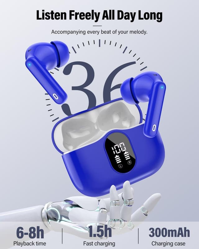 Thumbnail 6 de Btootos Wireless Earbuds (Bluetooth 5.4) with 4-Mic ENC, Noise Cancelling Bass & LED Display, Blue