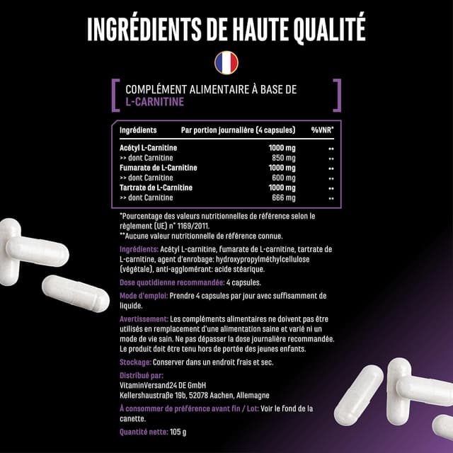Detalle 2 de L-Carnitine Triple Complexe German Elite Nutrition (3000 mg par portion) – 120 gélules véganes