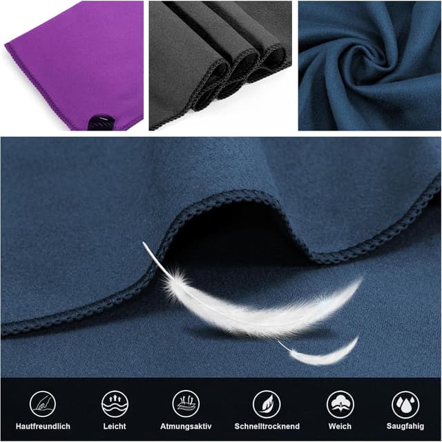 Detalle de Mikrofaser Sporthandtuch 3er-Set 50 x 100 cm (Lila, Marineblau, Dunkelgrau) inkl. Aufbewahrungsbeutel