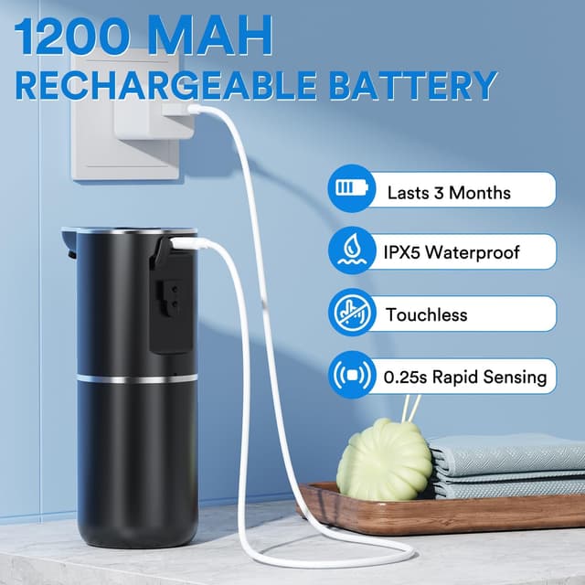Detalle 2 de Automatischer Seifenspender mit digitaler Anzeige, 380 ml – berührungslos, USB-wiederaufladbar, IPX5